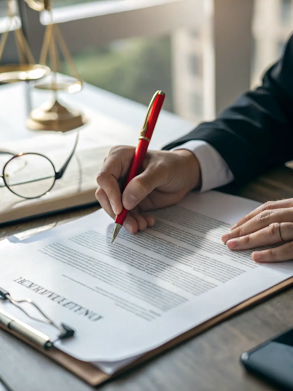 A close-up shot of a hand placing a document on a desk during an in-person apostille consultation at Trustpoint's San Jose office, with a friendly document specialist in the background.