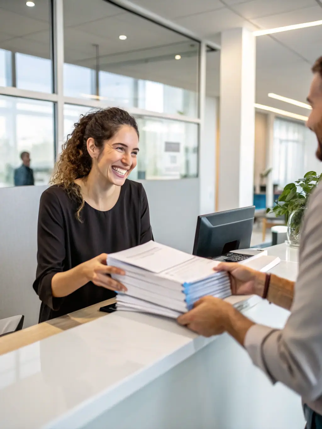 A photo of a client handing over original documents at Trustpoint's San Jose office, symbolizing the first step in the apostille process.