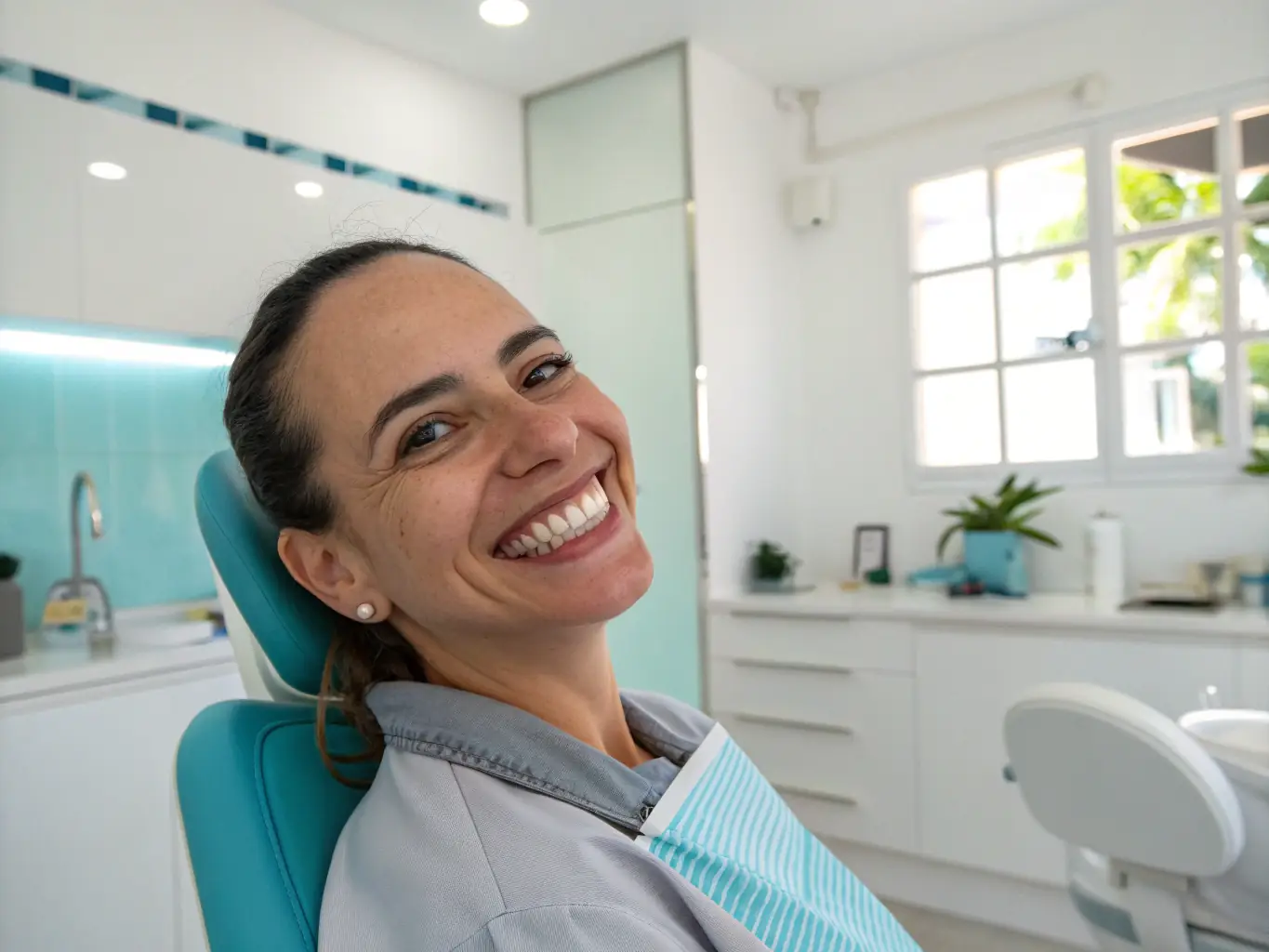 A person smiling confidently after receiving All-on-4 dental implants, showcasing a full and natural-looking smile.