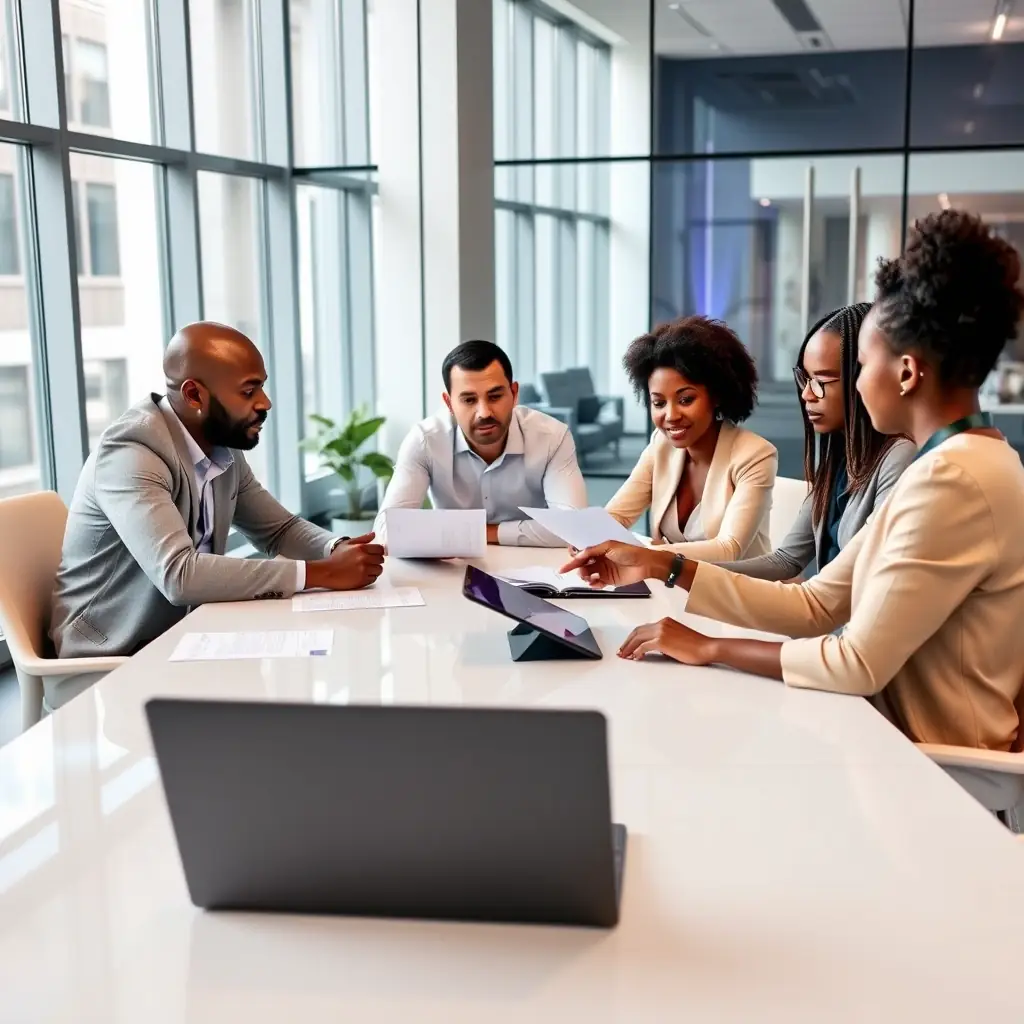 A diverse group of tech executives collaborating in a modern office setting, symbolizing the community and knowledge sharing facilitated by TechGrowth Leaders. The image should convey a sense of strategic planning and problem-solving.