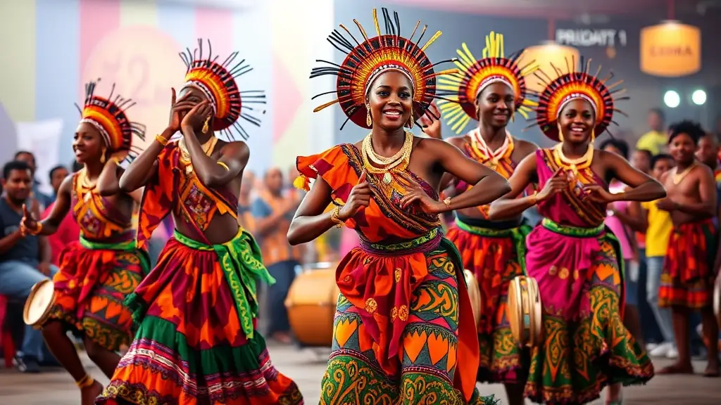 A group of Rwandan dancers in traditional attire perform a vibrant Intore dance during a cultural festival.