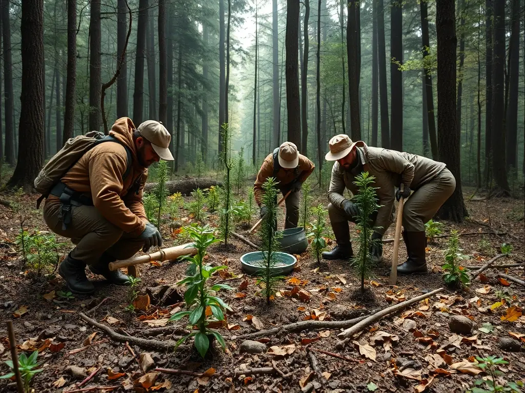 A vibrant image of hunters in action, wildlife habitats, and community members participating in conservation efforts.