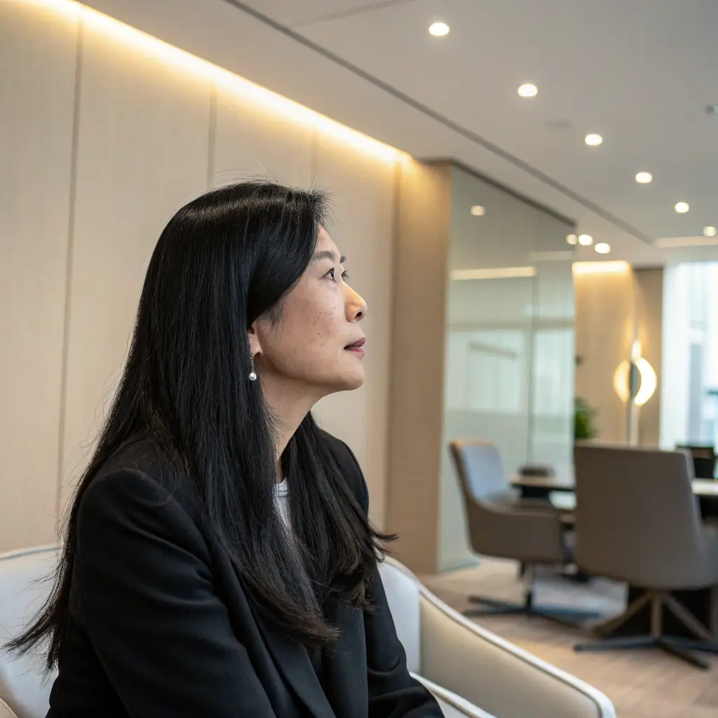 An Indian woman with long dark hair, wearing a professional blazer, sitting in a modern office setting.