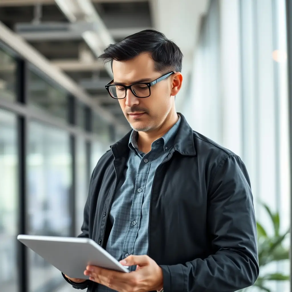 An Indian man with glasses, wearing a formal shirt, holding a tablet, with a focused expression.