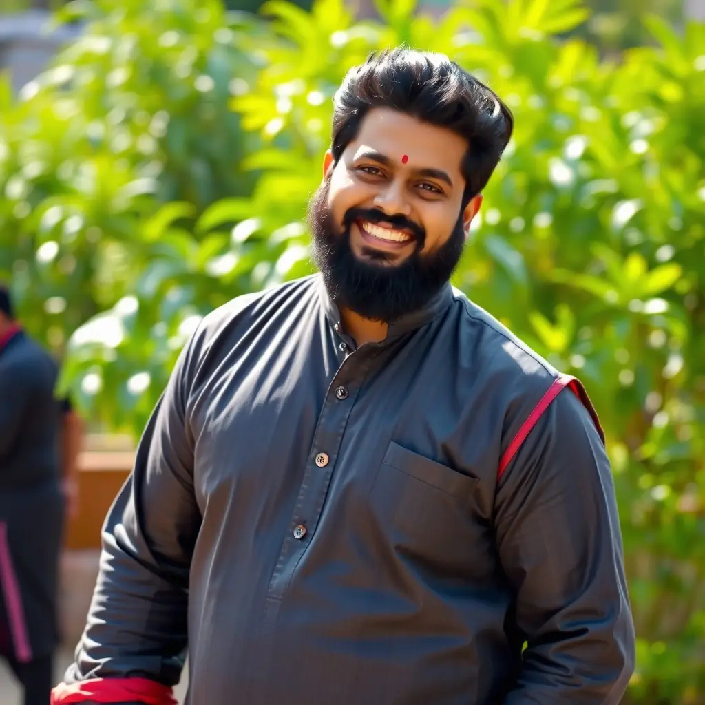 A smiling Indian man with short dark hair, wearing a casual shirt, standing in front of a lush green field.