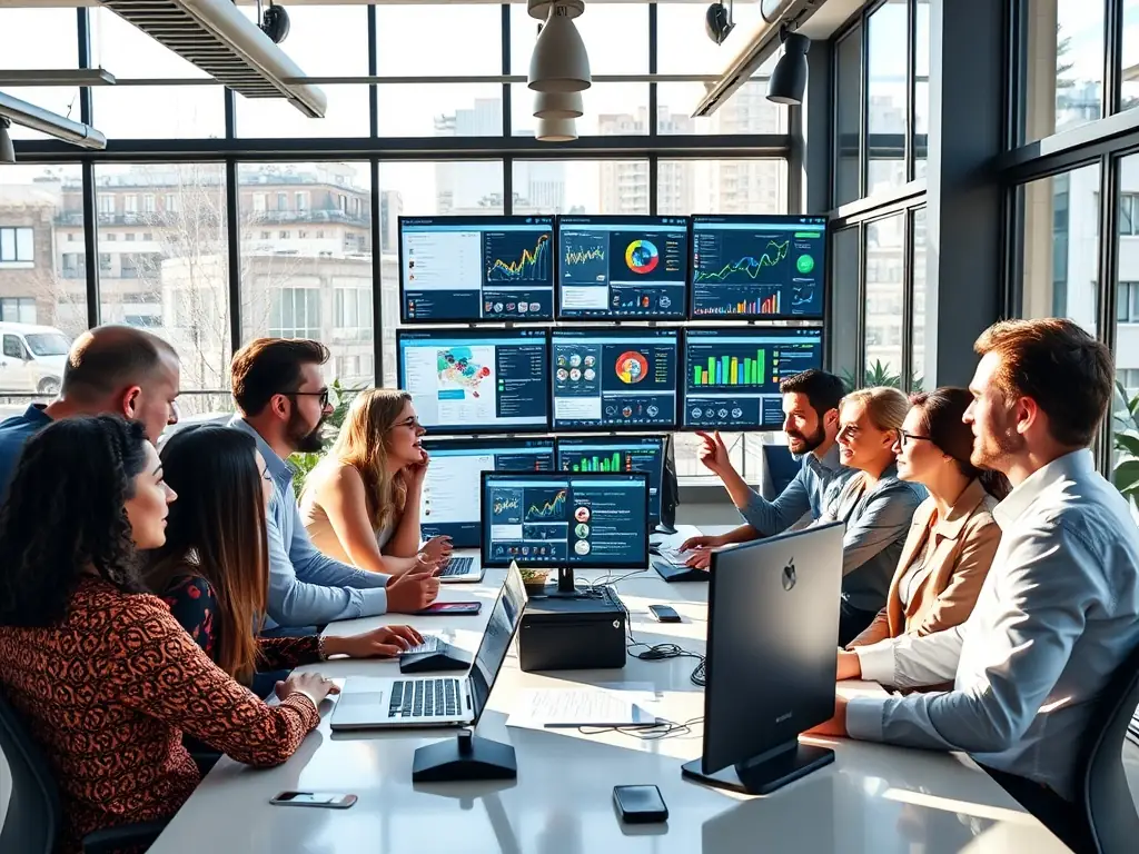 A vibrant image showcasing a diverse team of digital marketing professionals collaborating in a modern office setting, surrounded by computer screens displaying various marketing analytics dashboards and creative design mockups.