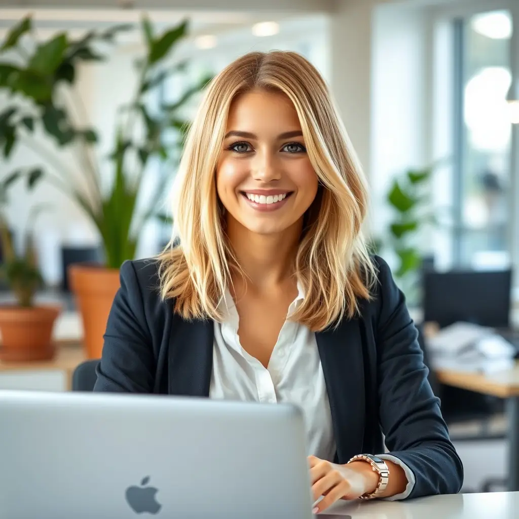 Sophia is a young woman with shoulder-length blonde hair and a bright smile, often seen with a notebook.
