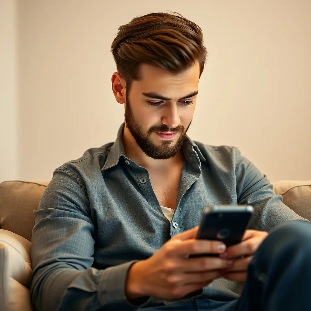 Marcus is a young man with a beard and a casual style, often seen interacting with his phone.