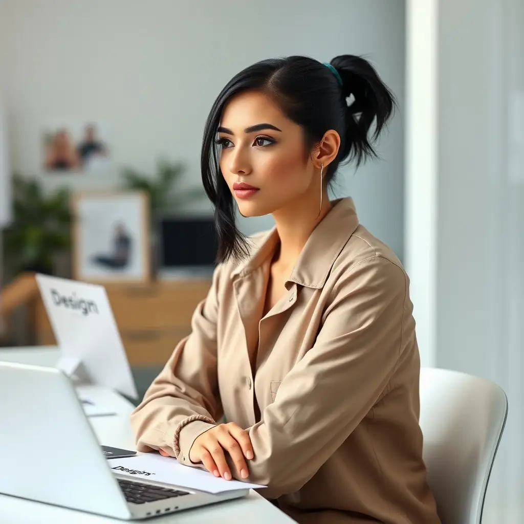 Elena has long, straight black hair and a friendly smile, often seen with a laptop in hand.