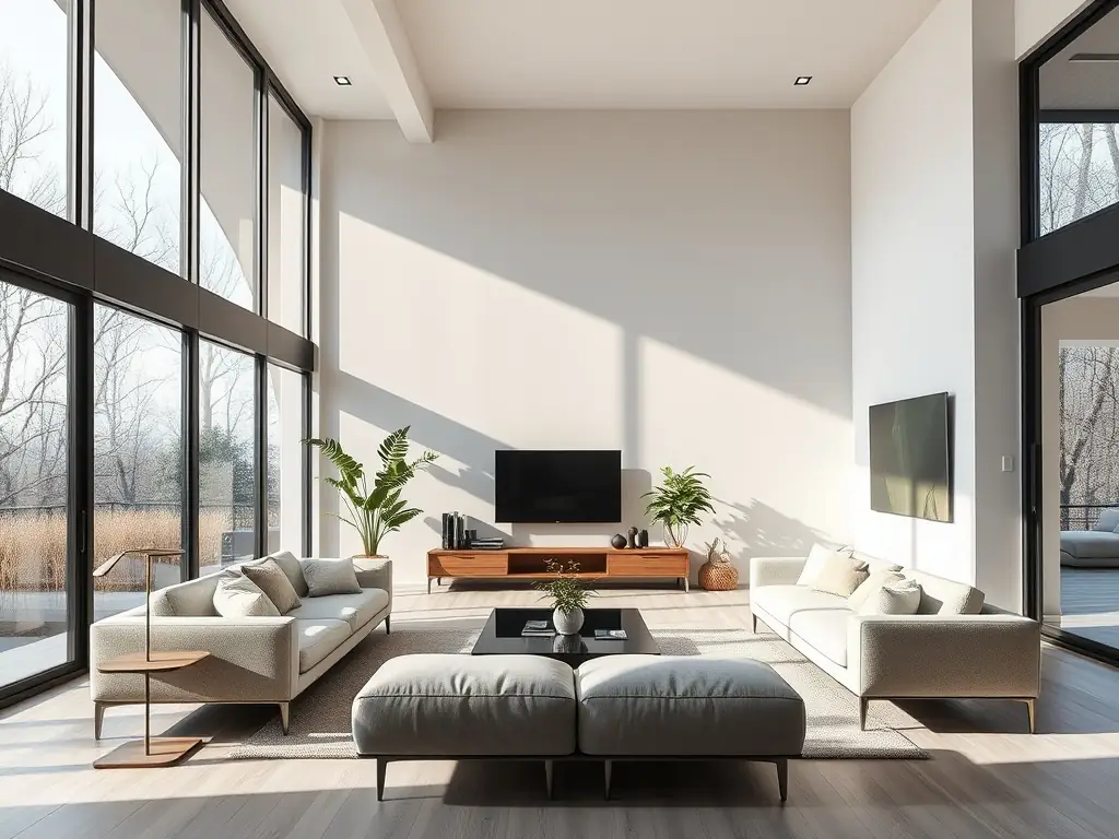A bright, airy living room with indoor plants, natural light, and minimalist decor, showcasing an eco-friendly and organized home.