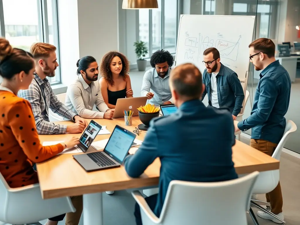 A vibrant image showcasing a team of digital marketing experts collaborating in a modern office setting, brainstorming strategies for a client's campaign, with charts and data visualizations in the background.