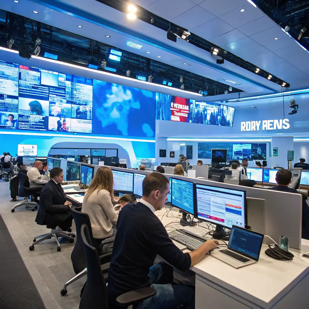An engaging image of a futuristic newsroom powered by AI, showcasing advanced technology and diverse journalists collaborating on AI news stories.
