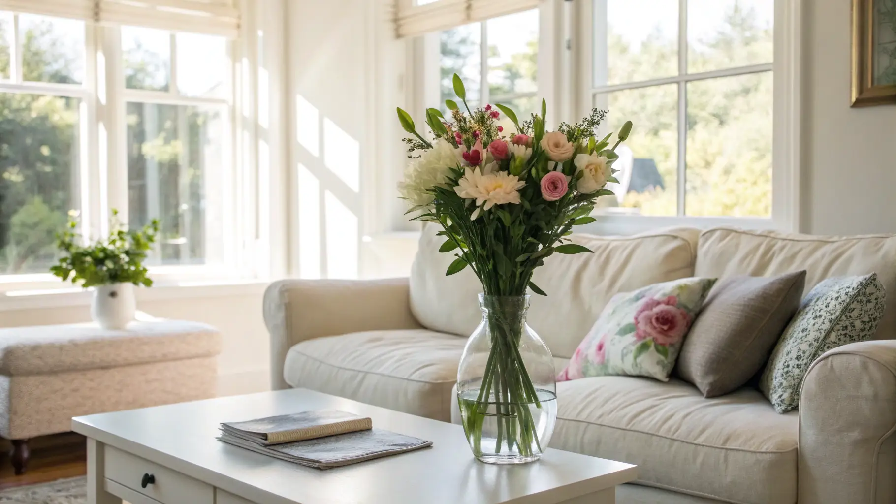 A clean and tidy living room with sunlight streaming through the window, showcasing a spotless home.