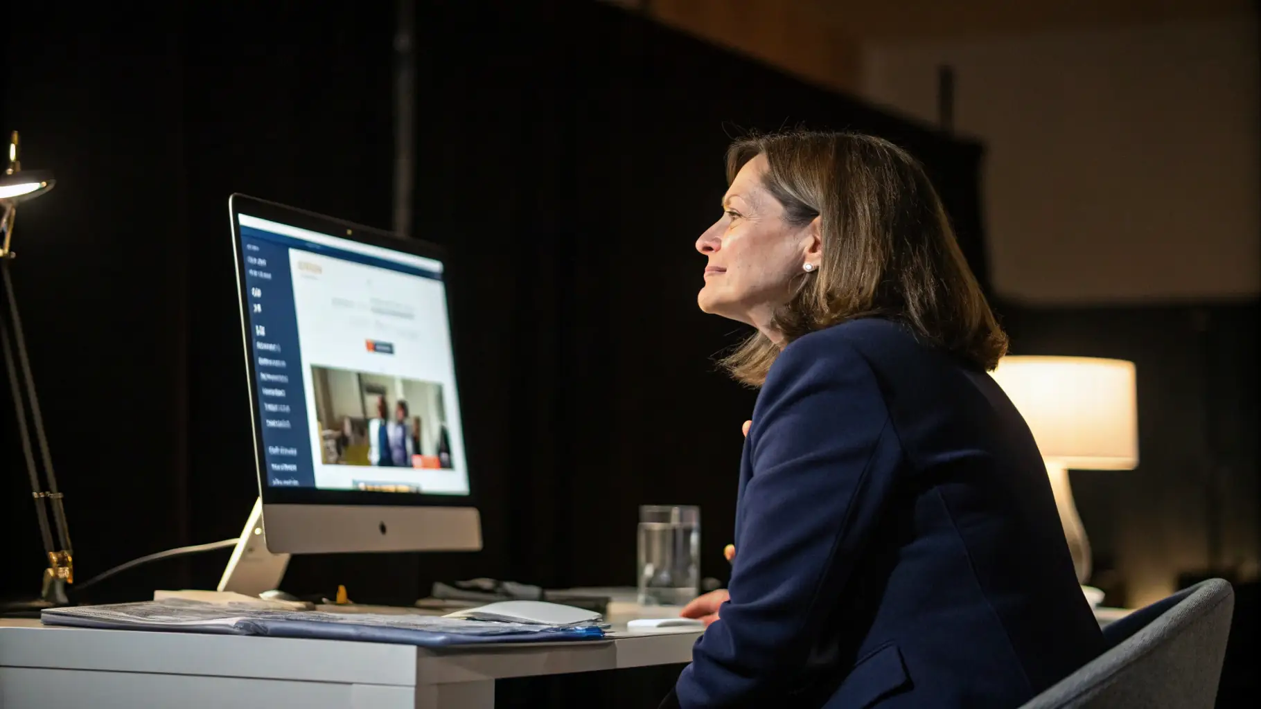 A person is looking at a computer screen with search engine results. The person is smiling.