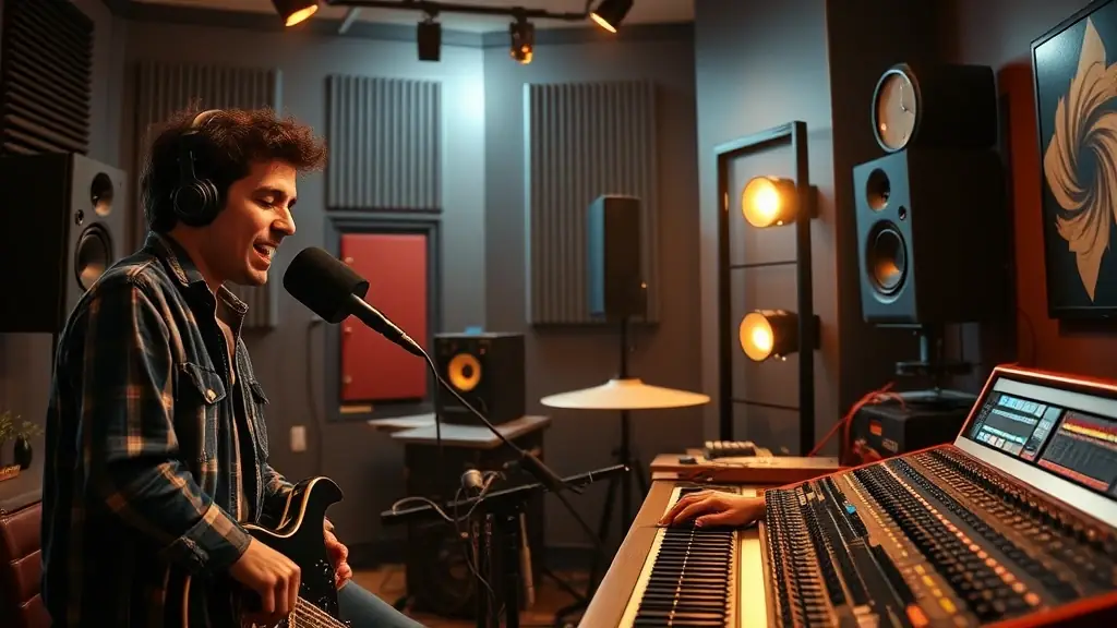 Promotional image of young performers in a studio setting, recording a reel.