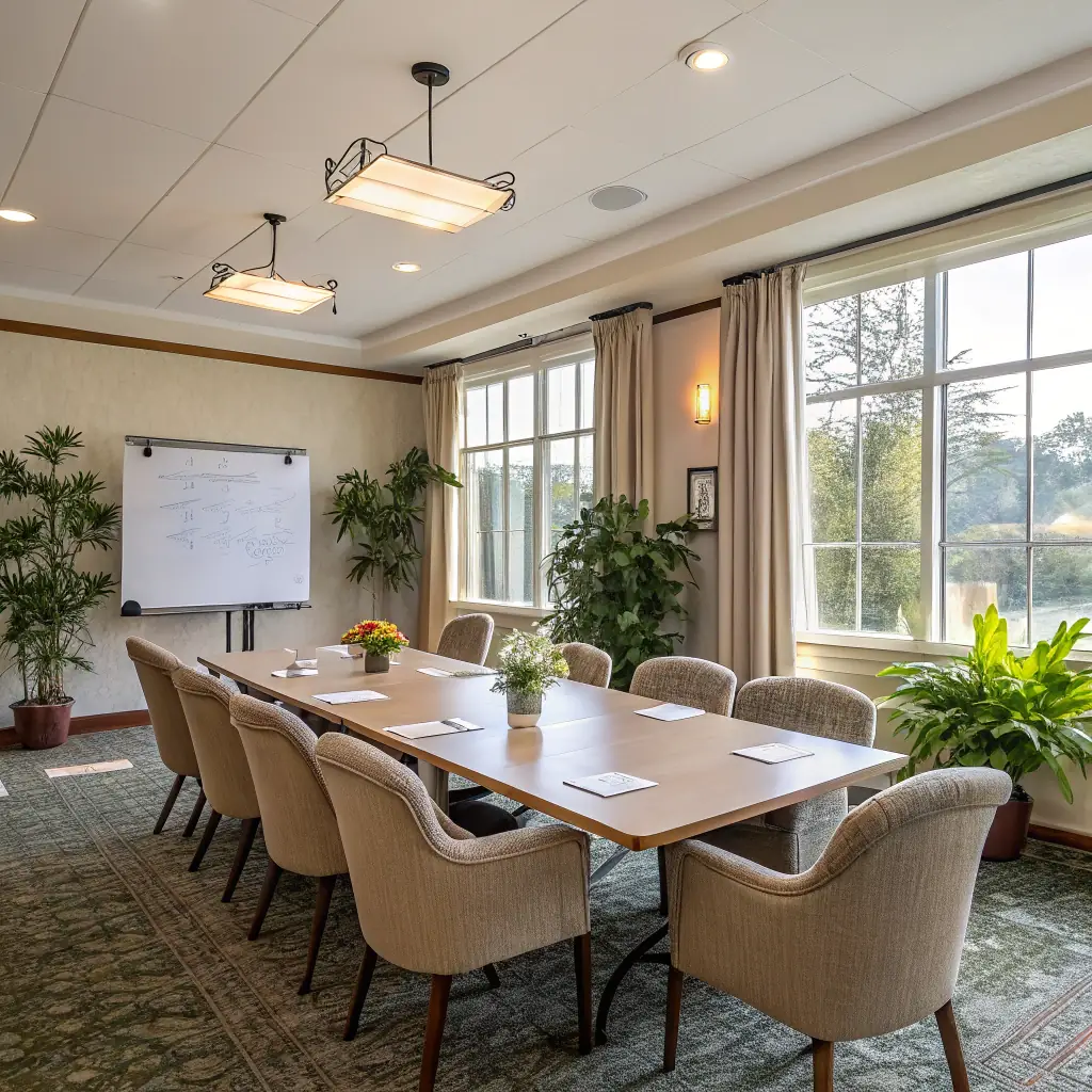 A bright, modern meeting room with a large table, comfortable chairs, a whiteboard, and a projector screen. The room is well-lit and inviting, suggesting a productive and collaborative atmosphere. Used to showcase the features of MeetLH's rental spaces.