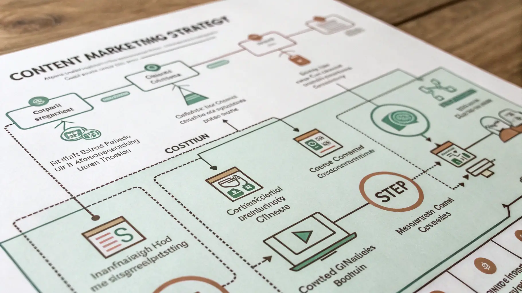 A flowchart illustrating the content creation process, starting from idea generation, moving through asset creation, and culminating in the final post.