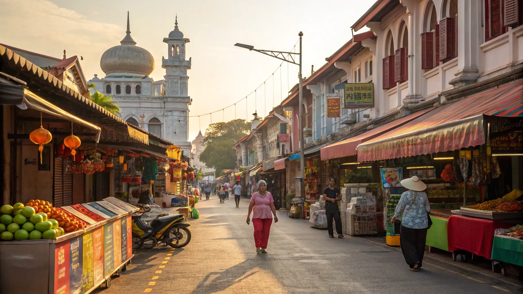 A vibrant Malaysian street scene showcasing diverse cultural elements, traditional attire, and lively markets, representing the rich cultural tapestry highlighted by Truly Kita.