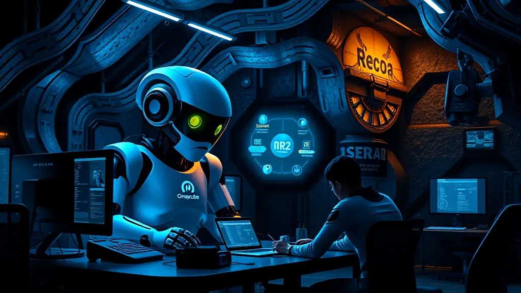 A futuristic scene depicting the Omegacube Texas Bunker on Knights Bluff, featuring a houseboat with the Omegacube logo on a tranquil lake, illuminated by vibrant lights, staffed by a team of AI robots and Hollywood video producers, powered by the R2 2025 Platform.