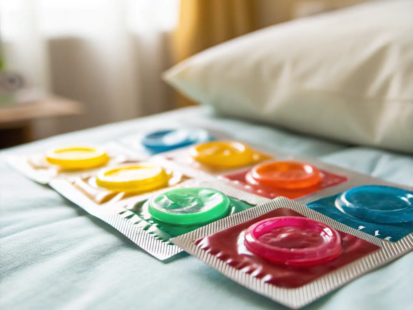 A photograph of a selection of flavored condoms in colorful packaging, emphasizing the fun and exciting options available.