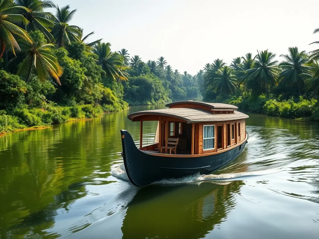 Picturesque Kumarakom houseboat route with birds flying over the lake.