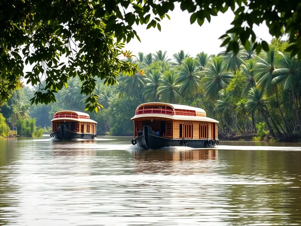 Houseboat cruising through Kollam's Ashtamudi Lake with coconut trees lining the shore.