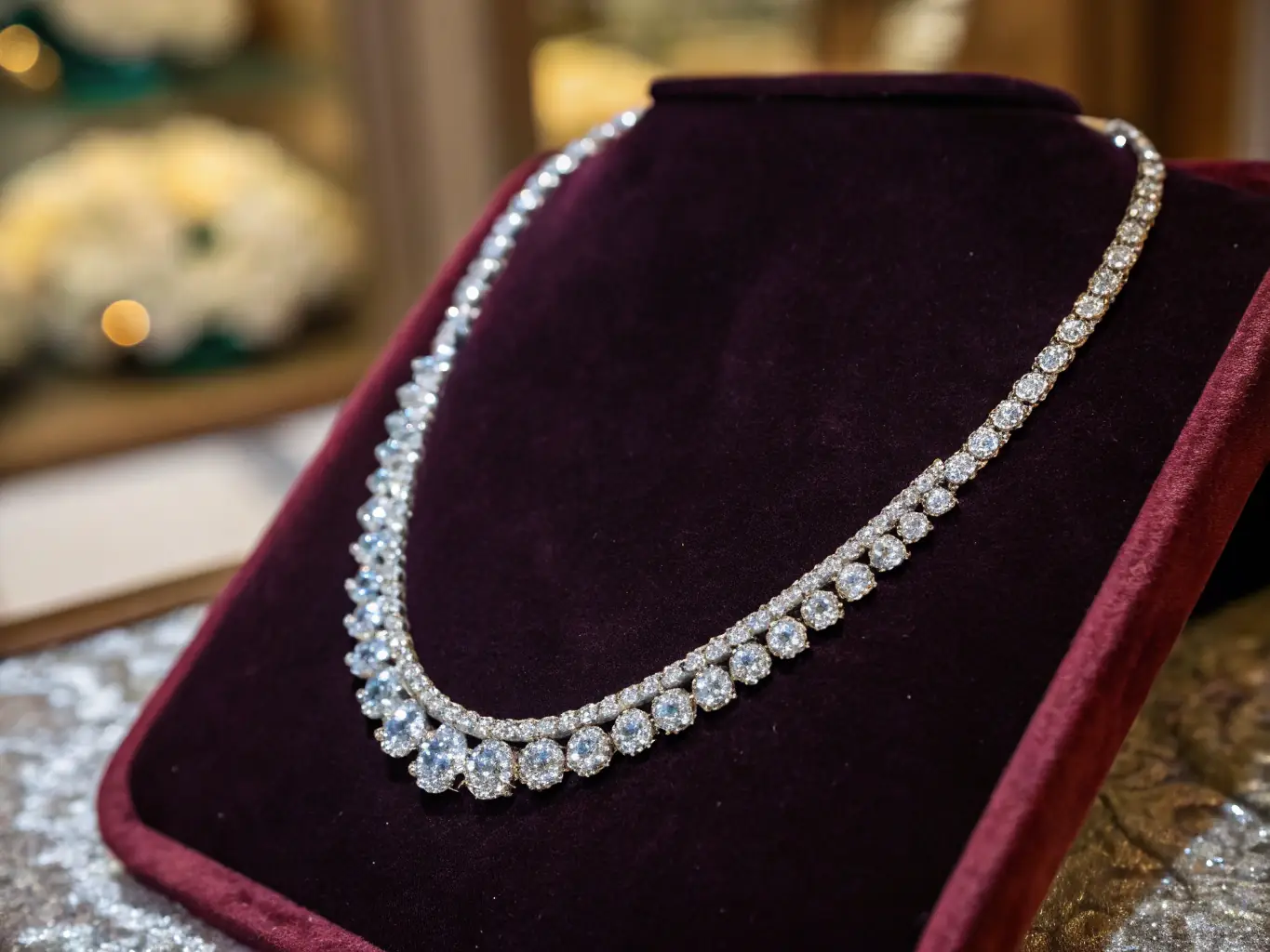 A close-up shot of a sparkling diamond necklace on a velvet display, showcasing its intricate details and luxurious appeal.