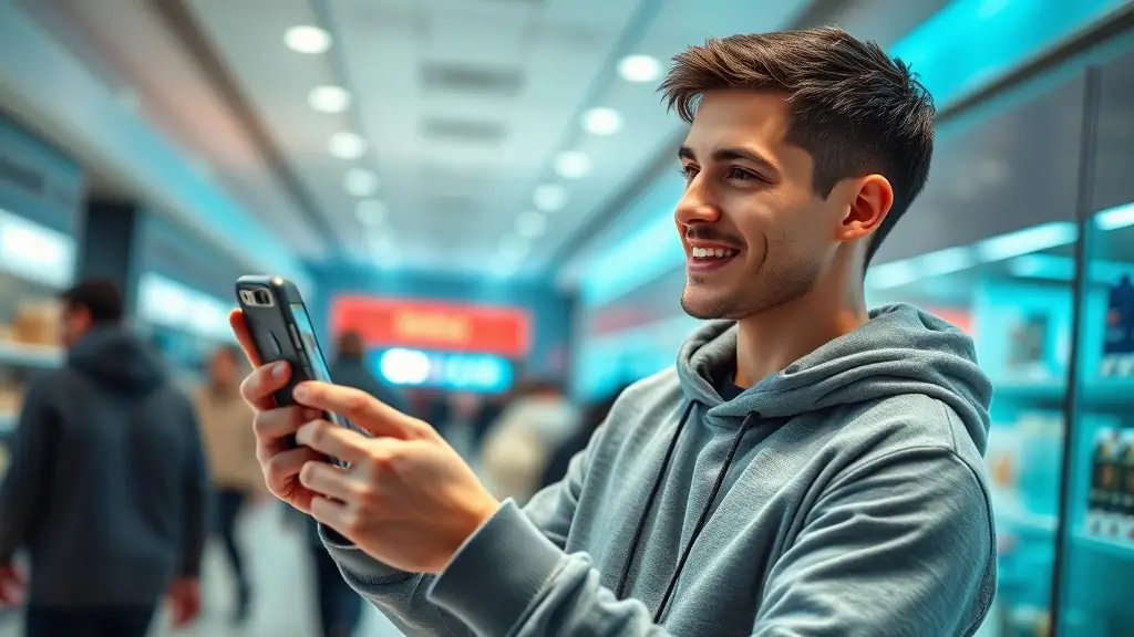 Shopper using mobile immersive promotion inside modern store with visible excitement. no headsets or facemasks