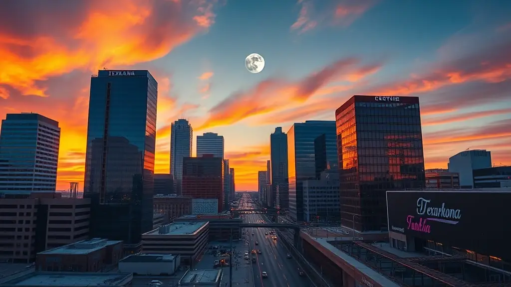A panoramic shot of downtown Texarkana at sunset, capturing the vibrant cityscape with evening sky and moon, symbolizing innovation and forward-thinking.