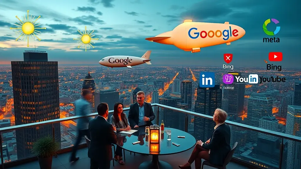 A rooftop meeting scene with Google, Meta, X, LinkedIn logos, evening shots with the moon, and daytime with sun rays illuminating the cityscape, symbolizing collaboration and innovation.