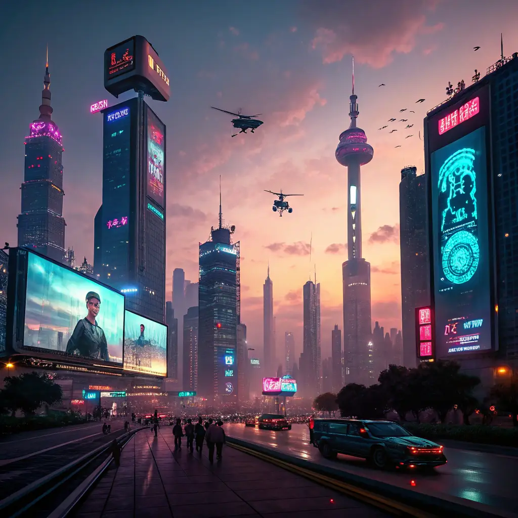 A futuristic cityscape with email icons floating in the sky, symbolizing AI-powered email marketing solutions by OmegaQube.