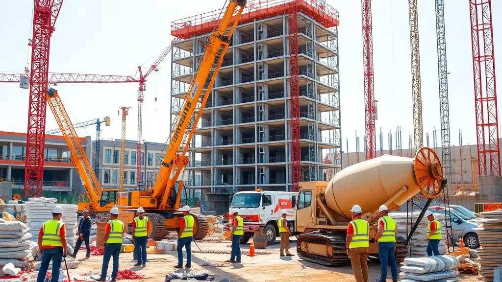 A vibrant construction site with workers and machinery, illustrating our construction expertise.