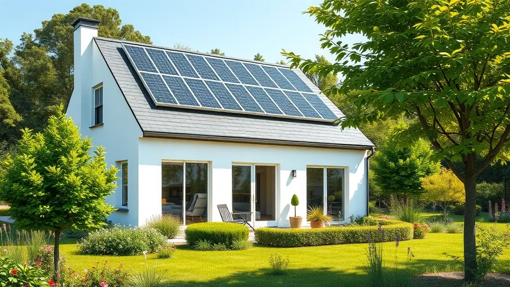 A modern house with solar panels on the roof, surrounded by lush greenery.