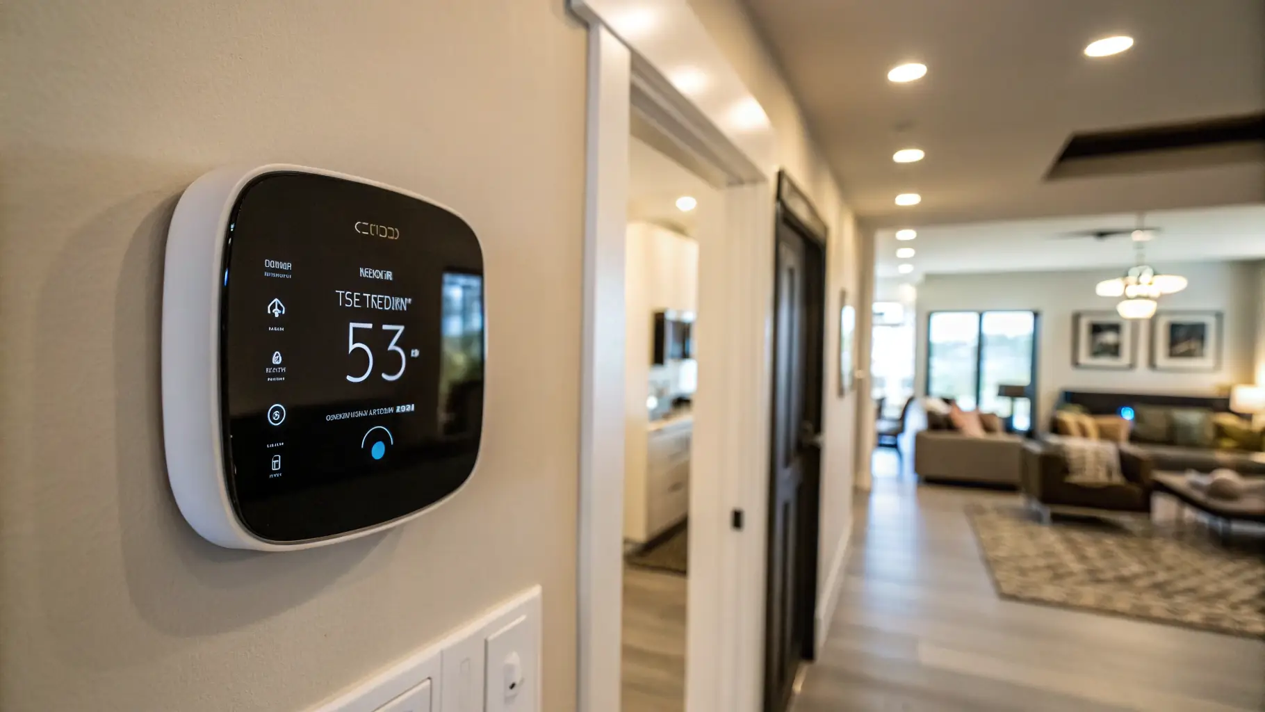 A close-up of a smart thermostat controlling the temperature in a home.
