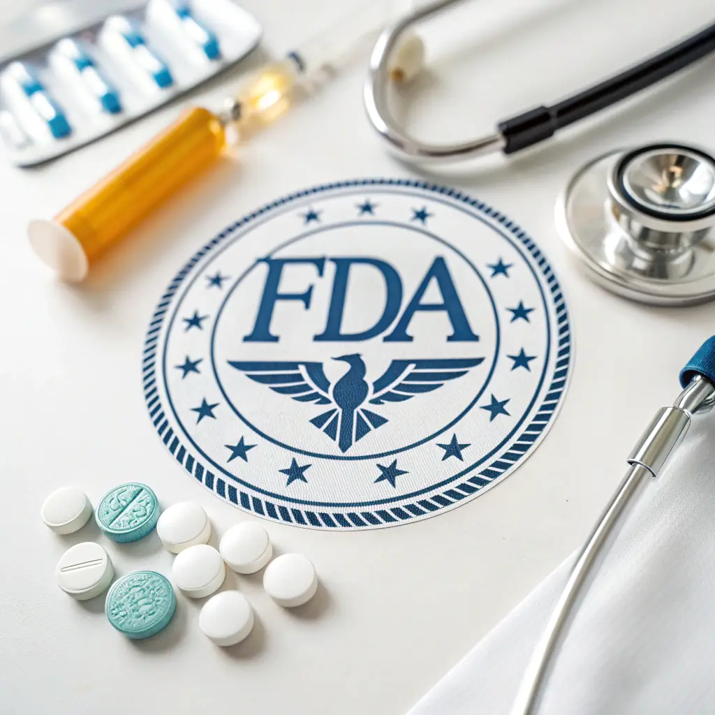 A professional, integrated FDA certification visual for RePlastic Global's food-grade R-PET and plasticizers. The image should feature a prominent FDA badge (circular or shield shape) with the letters 'FDA' and food safety graphics (fork and cup combined, or capsule with shield). Use dark blue and white colors for a clean, corporate sustainability report style. No Chinese text, watermarks, or logos.