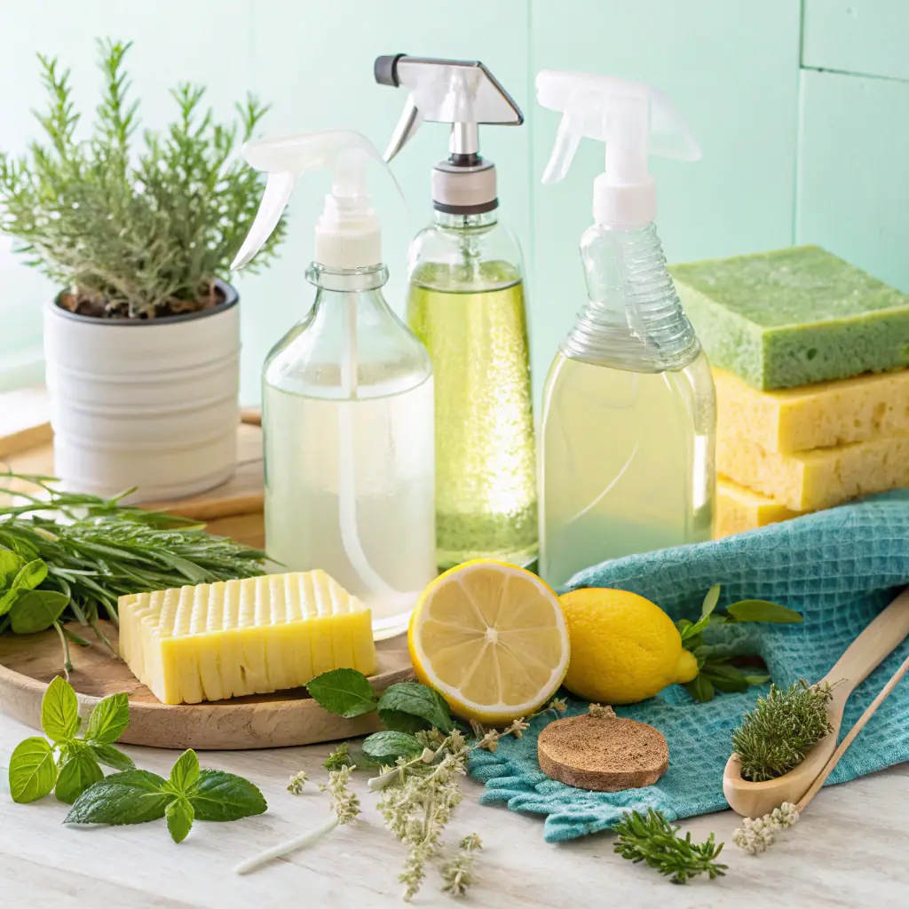 A flatlay image of eco-friendly ingredients such as baking soda, vinegar, lemon, and essential oils.