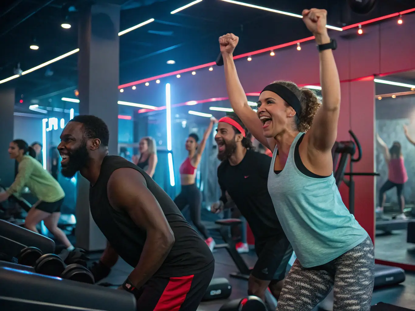 Vibrant group activity scene with members engaging in fitness challenges and social events