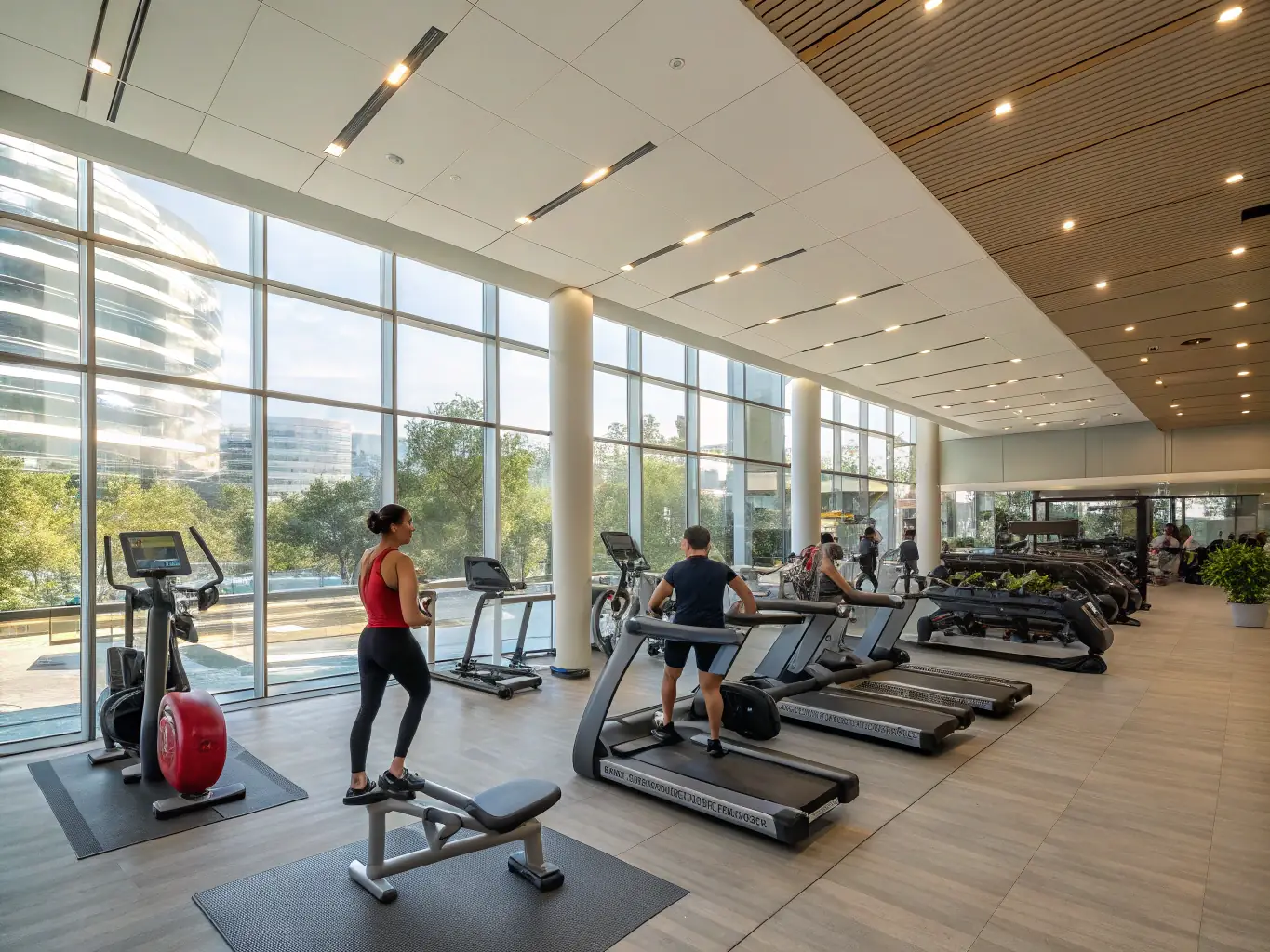 Interior view of gym equipment and active members working out in a modern fitness center