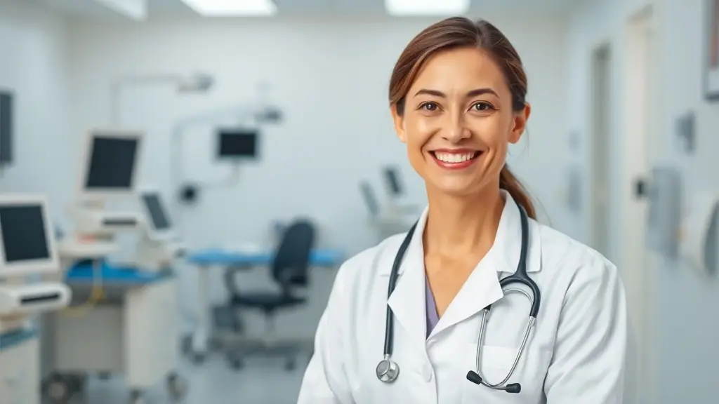 A professional doctor wearing a lab coat and stethoscope, smiling confidently in a modern medical office setting. The background is blurred to emphasize the doctor.