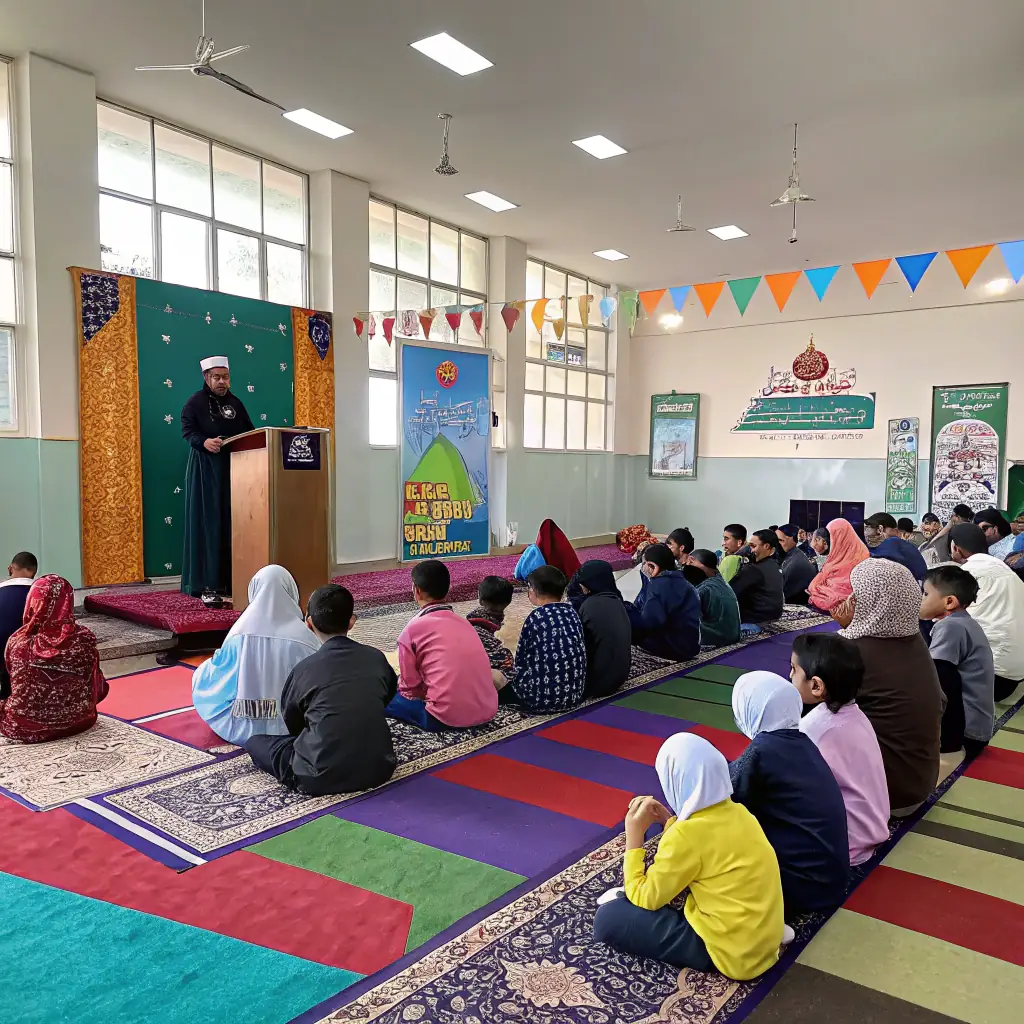 a family-friendly illustration of diverse community members engaging in prayer, learning, and community activities, with a clean, modern style suitable for a community center website