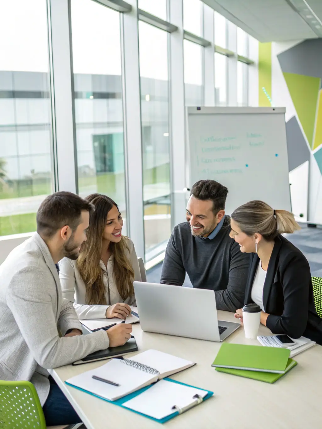 A professional, brightly lit photo of a diverse team collaborating on a digital marketing strategy in a modern office setting, emphasizing teamwork and innovation.