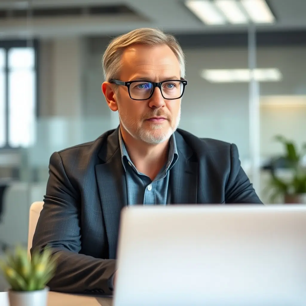 A professional man in smart casual attire working at a desk.