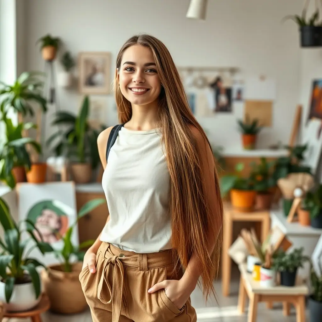 A young woman in a chic outfit smiling in a bright studio.