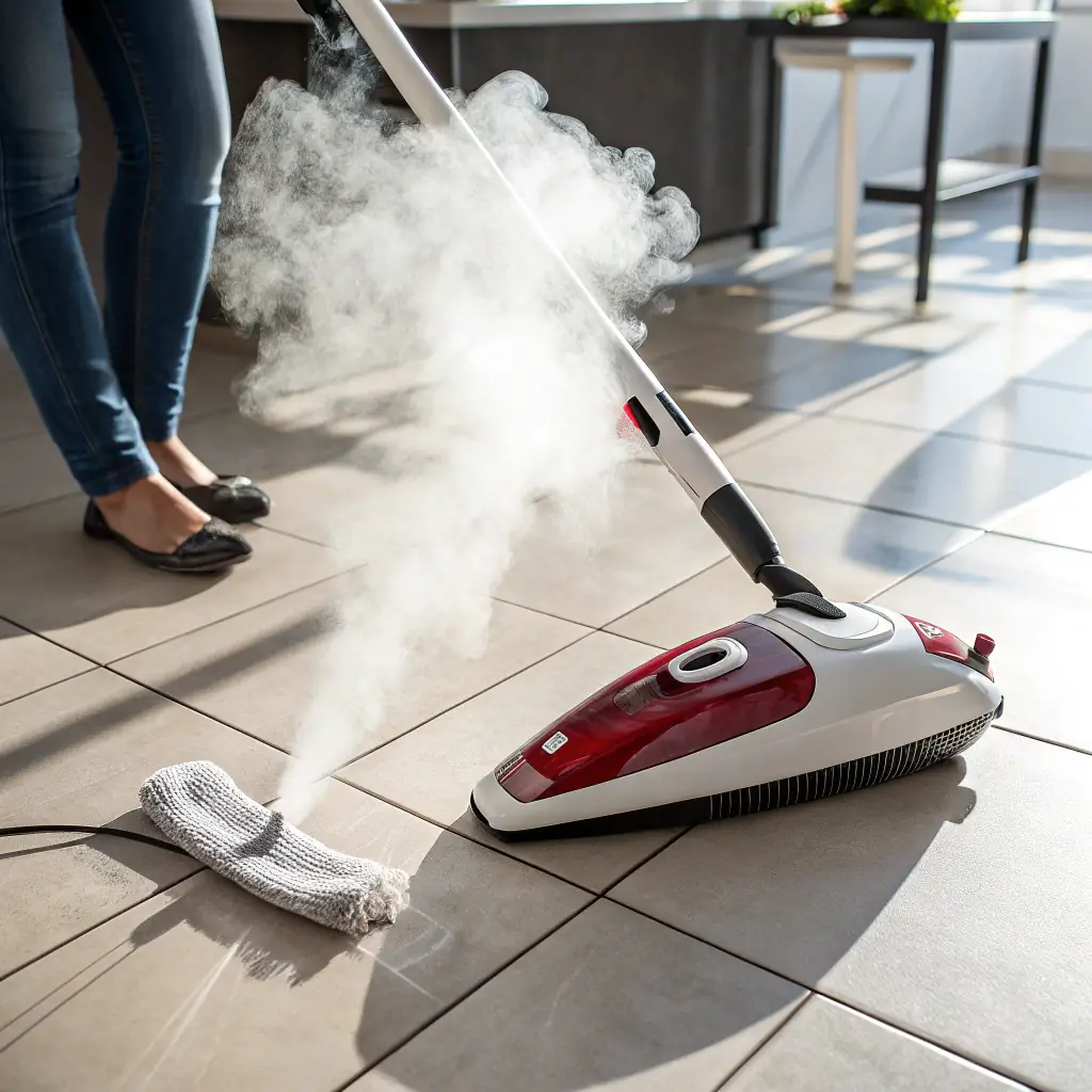 A before-and-after photo showcasing a kitchen or bathroom surface (tile, grout, or countertop) being steam cleaned, with a clear visual difference in cleanliness. The setting should be a typical home or small business environment.