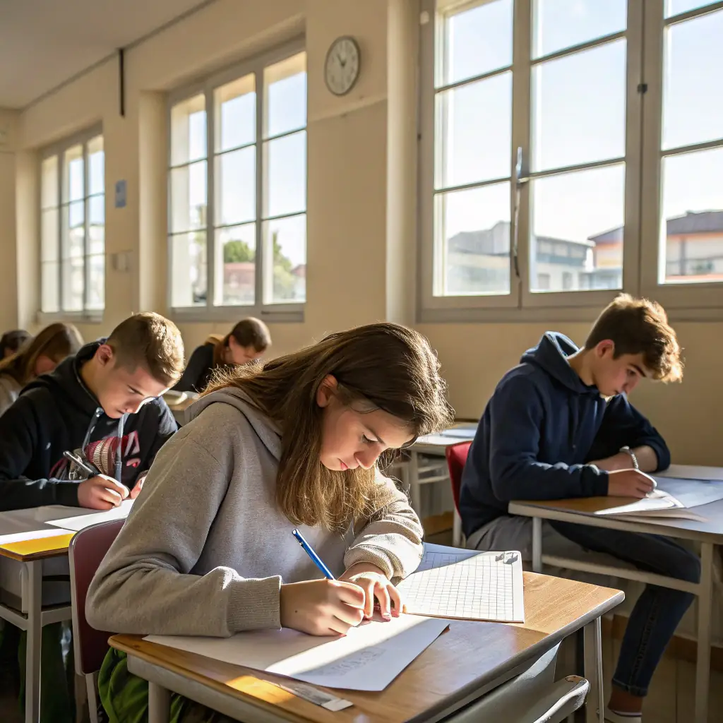A classroom setting with students taking an exam, showcasing focus and determination.