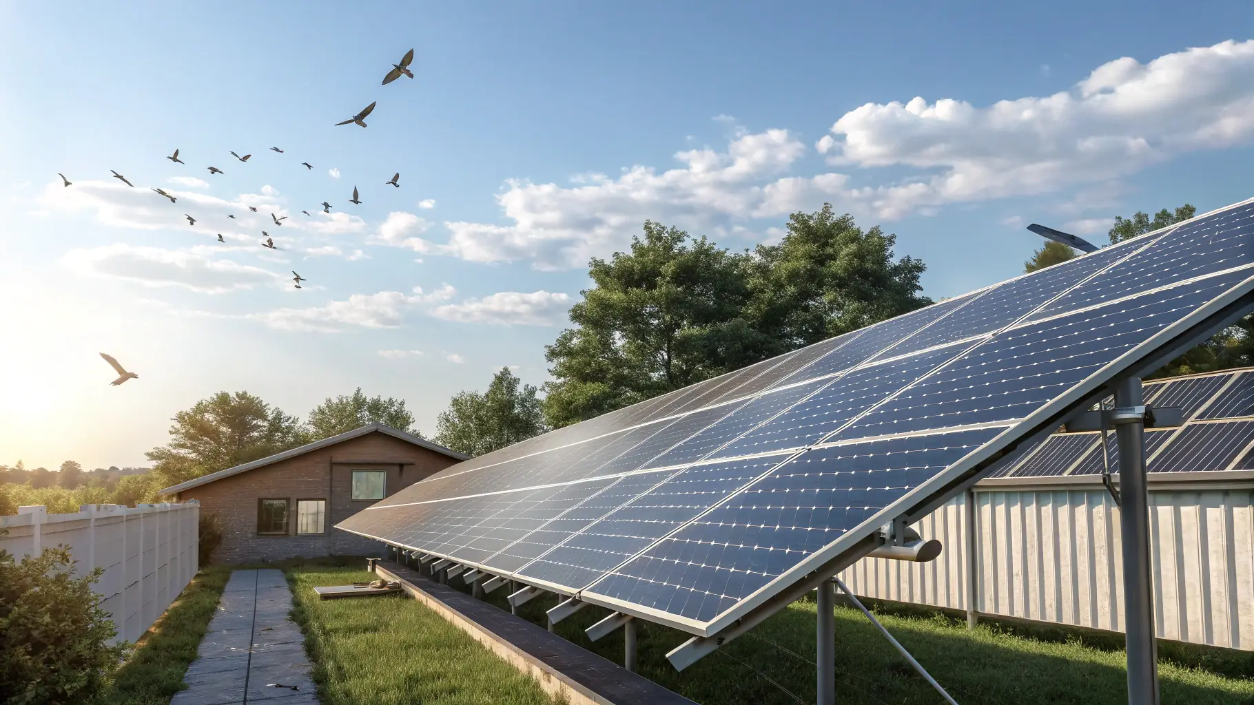 A high-angle, close-up shot of solar panels with bird-proofing mesh installed around the edges. The image should convey a sense of cleanliness, protection, and environmental responsibility. The background should show a clear sky and a well-maintained rooftop.
