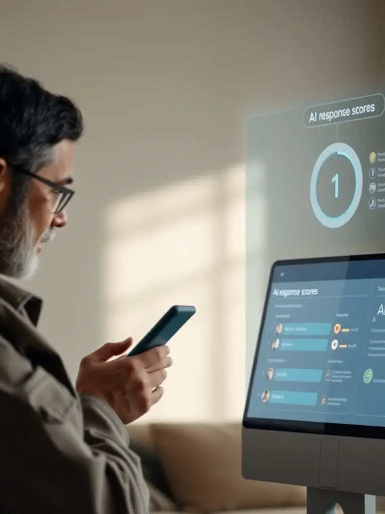 A split-screen showing a homeowner asking strategic questions to a tradie through the Smart Tradie app on one side, and the AI scoring system analyzing the responses on the other side.