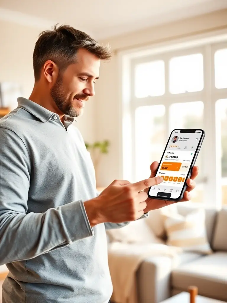 A homeowner using the Smart Tradie app on their phone, confidently reviewing a tradie's profile with a satisfied expression. The background shows a well-organized home renovation project in progress.
