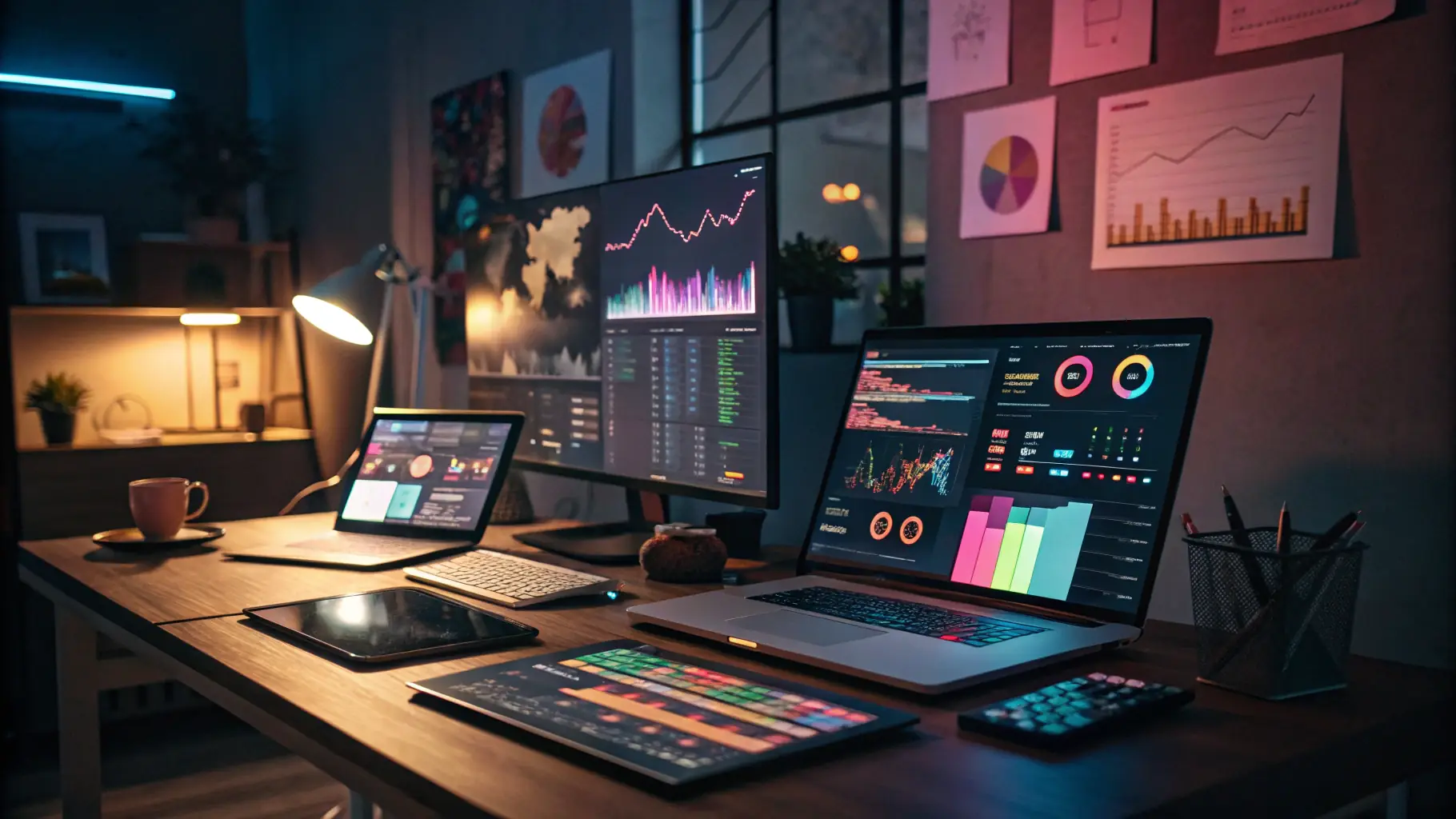 a vibrant, modern digital workspace with screens displaying analytics, SEO graphs, and social media dashboards, emphasizing the agency's tech-savvy and innovative environment