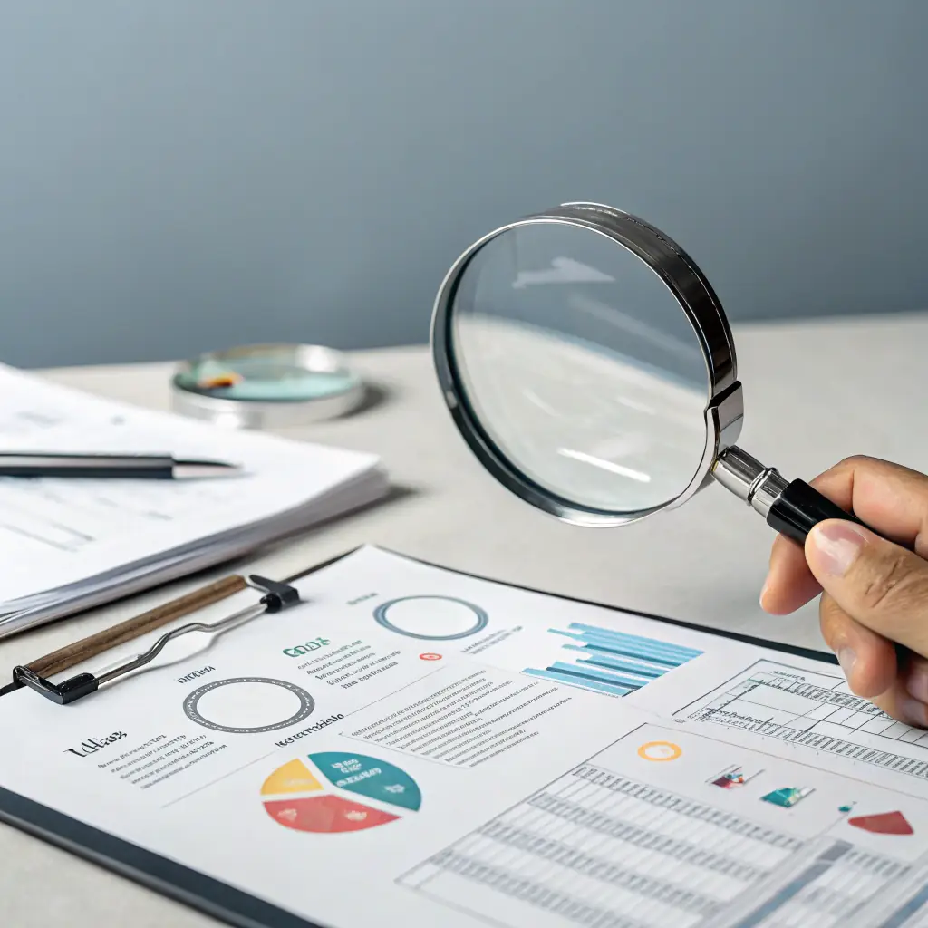 A close-up shot of a magnifying glass over various documents and profiles, symbolizing a thorough tenant screening process. The scene should convey trust and security.